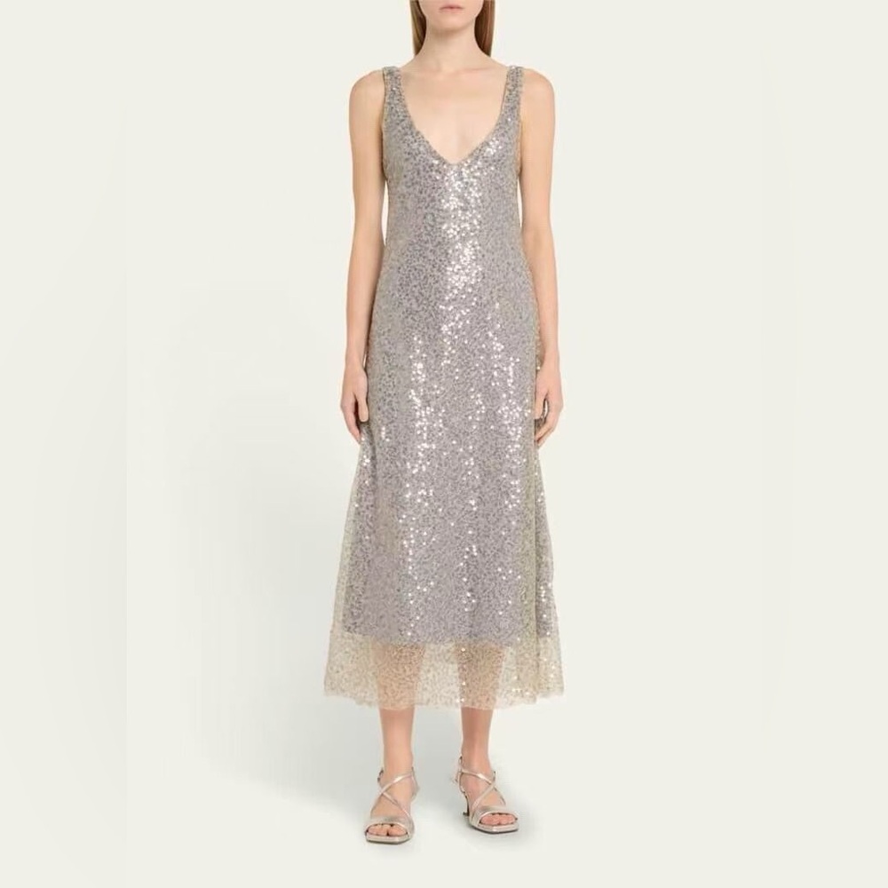 NWT $595 Vince Sequined Metallic Lace Midi Dress - Silver - Picture 3 of 11